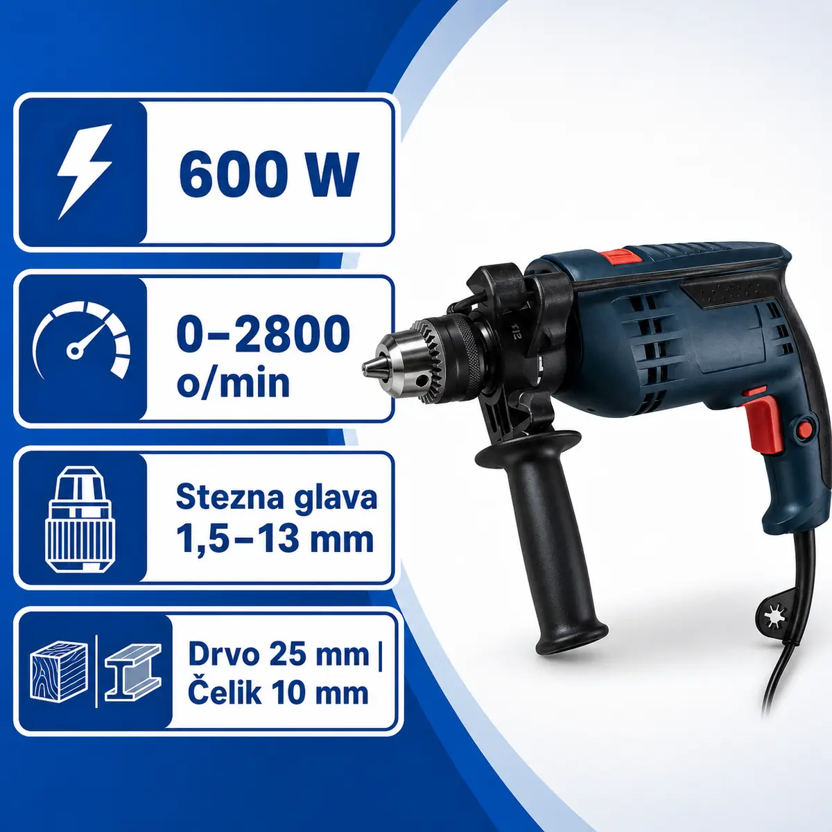 Specifikacije električne bušilice 13RE 600W – 0–2800 o/min i stezna glava 1,5–13 mm