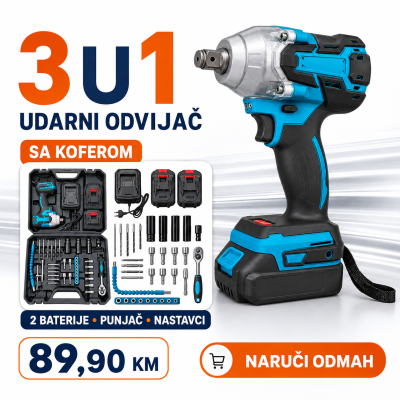 Aku udarni odvijač 3 u 1 sa dvije baterije, nastavcima i koferom