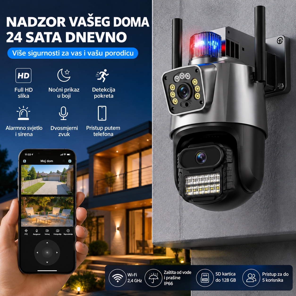 Funkcije vanjske WiFi kamere: dva prikaza, noćni prikaz u boji, detekcija pokreta i alarm
